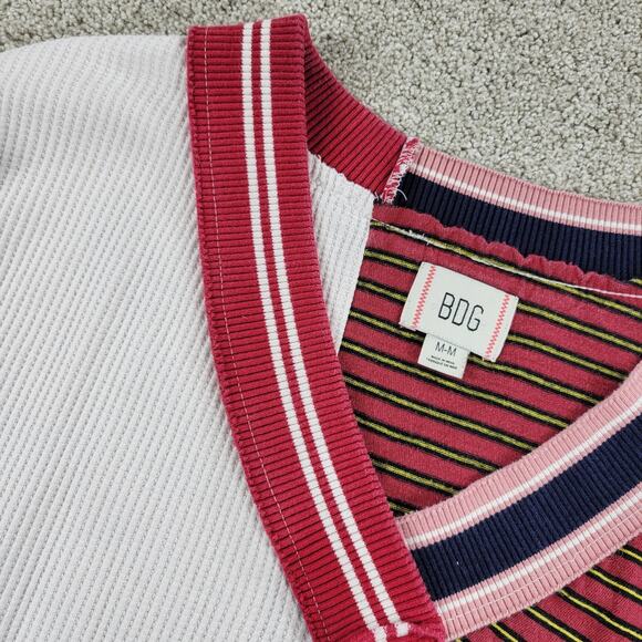 BDG UO Frazier Sweater M White Red Stripe Asymmetric Patch Waffle Knit Acadamia - Picture 9 of 12